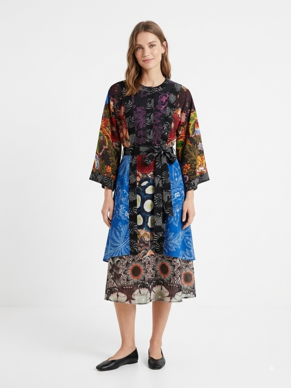 DESIGUAL Mixed Print Patchwork Kimono Sleeve Belted Midi Dress | Size 36 / S